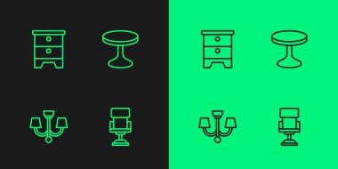 Ofis koltuğu, avize, mobilya sehpası ve yuvarlak masa ikonu. Vektör