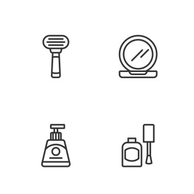 Tırnak cilası, krem ya da losyon kozmetik tüpü, tıraş bıçağı ve aynalı makyaj tozu. Vektör