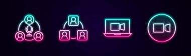 Görüşmeyi ayarla, görüntülü sohbet konferansı ve... Parlayan neon ikonu. Vektör
