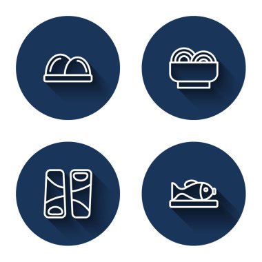 Sıralı suşi, kasede Asya eriştesi, Guotie ve tabakta uzun gölgeli balık. Mavi daire düğmesi. Vektör