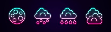 Ay 'ı, dolu bulutunu, yağmurlu bulutu ve bulutu ayarlayın. Parlayan neon ikonu. Vektör