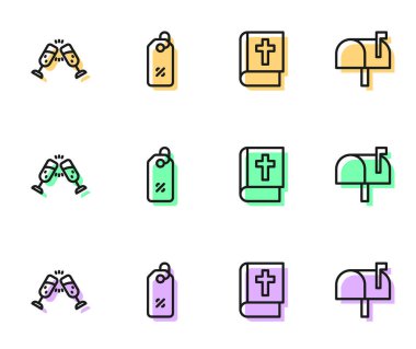 Kutsal İncil kitabı, bir kadeh şampanya, yüzde indirim etiketi ve posta kutusu ikonu. Vektör