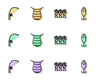 Kurutulmuş balık, olta, ağ ve yem ikonu. Vektör