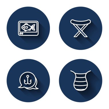 Balık bulucu yankı bulucu, kamp sandalyesi, balık oltası ve uzun gölgeli ağ ayarla. Mavi daire düğmesi. Vektör