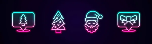 Set Línea Árbol Navidad Sombrero Papá Noel Barba Arco Regalo — Vector de stock