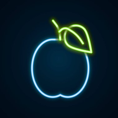 Parlayan neon hattı, siyah arkaplanda izole edilmiş erik meyvesi ikonu. Renkli taslak konsepti. Vektör