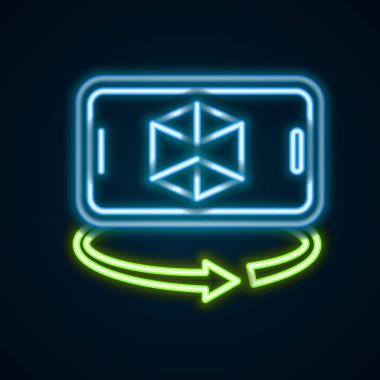 Parlayan neon hattı 3D modelleme simgesi siyah arkaplanda izole edildi. Artırılmış gerçeklik mi yoksa sanal gerçeklik mi? Renkli taslak konsepti. Vektör