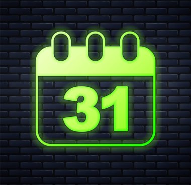 Cadılar Bayramı tarihi 31 Ekim olan parlayan neon takvim tuğla duvar arkasında izole edildi. Mutlu Cadılar Bayramı Partisi. Vektör