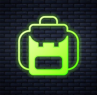 Parlayan neon yürüyüş sırt çantası simgesi tuğla duvar arkasında izole edildi. Kamp ve dağ gezisi sırt çantası. Vektör
