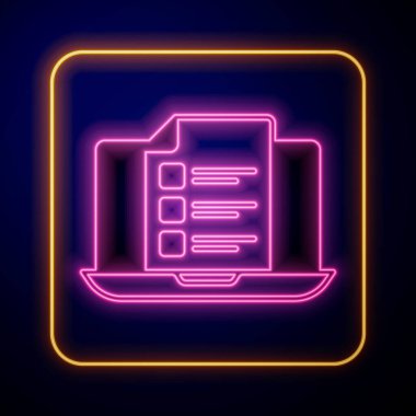 Parlayan neon çevrimiçi sınav, test, araştırma veya kontrol listesi simgesi siyah arkaplanda izole edildi. Sınav listesi. E-eğitim konsepti. Vektör