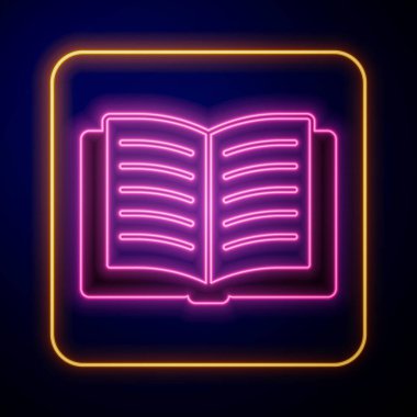 Parlayan neon açık kitap simgesi siyah arkaplanda izole edildi. Vektör