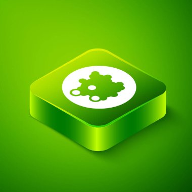 Yeşil arka planda izole edilmiş bir kase ikonundaki Isometric Rice. Geleneksel Asya yemekleri. Yeşil kare düğmesi. Vektör