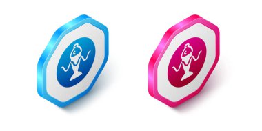 Beyaz arka planda izole edilmiş soya soslu Isometric balığı. Altıgen düğmesi. Vektör