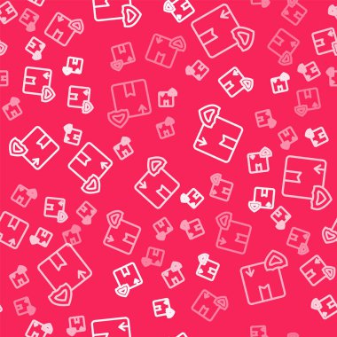 Beyaz çizgi teslimat güvenliği, kırmızı arka planda izole edilmiş ikon, pürüzsüz desen. Teslimat sigortası. Kalkanın ötesinde sigorta kutuları var. Vektör