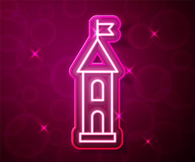 Parlayan neon hattı Castle kulesi simgesi kırmızı arkaplanda izole edildi. Kale işareti. Vektör