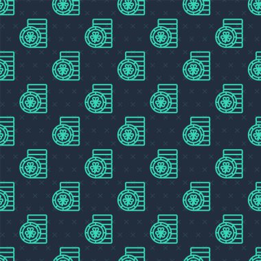 Yeşil çizgi Altın Leprikan madeni para, yonca folyo yaprağı ikonu, mavi arka planda izole edilmiş pürüzsüz desen. Aziz Patrick gününüz kutlu olsun. Ulusal İrlanda bayramı. Vektör