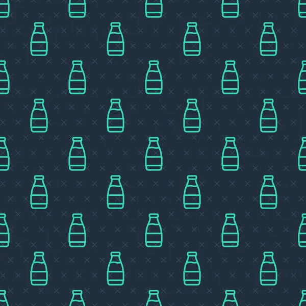 Yeşil çizgi kapalı cam şişe süt ikonu izole edilmiş mavi arkaplan üzerinde pürüzsüz desen. Vektör