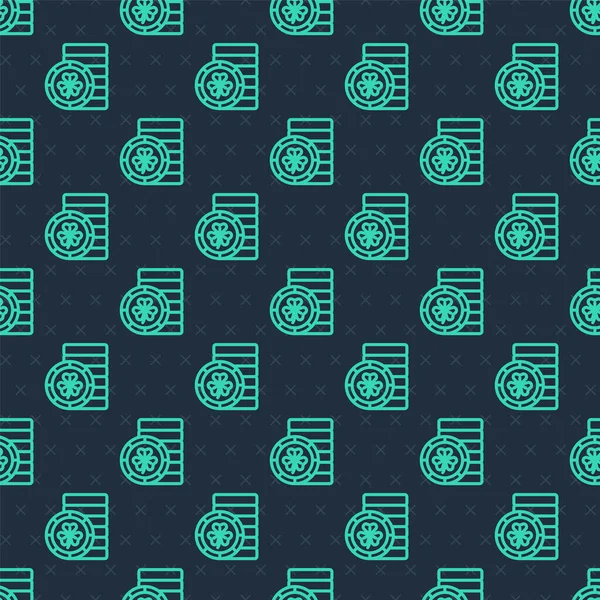 Yeşil çizgi Altın Leprikan madeni para, yonca folyo yaprağı ikonu, mavi arka planda izole edilmiş pürüzsüz desen. Aziz Patrick gününüz kutlu olsun. Ulusal İrlanda bayramı. Vektör