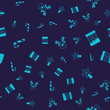 Çizgili şeker kamışını, Noel bacasını, ren geyiğini ve yıldızı kusursuz desenli ayarla. Vektör