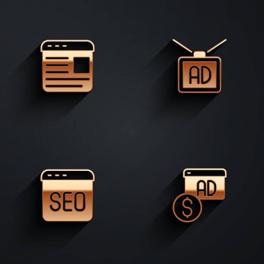 Reklamcılığı, SEO optimizasyonunu ve uzun gölgeli simgeyi ayarla. Vektör