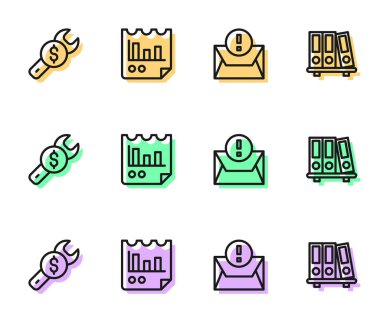 Satır Zarfı, Tamir Fiyatı, Grafik grafikli belge ve Ofis dizinleri simgesini ayarla. Vektör