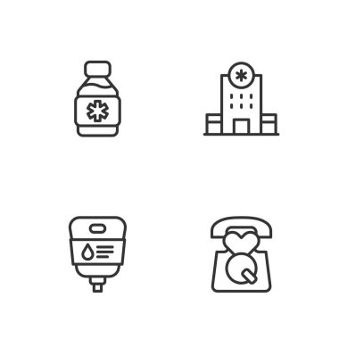 911 'i, serum torbasını, ilaç şurubunu ve hastane binası ikonunu arayın. Vektör