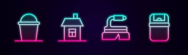 Bucket, House, temizlik ve çöp tenekesi için fırça ayarlayın. Parlayan neon ikonu. Vektör