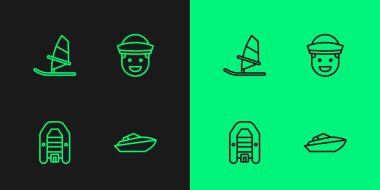 Hız teknesi, motorlu şişme, rüzgar sörfü ve Sailor simgesi. Vektör