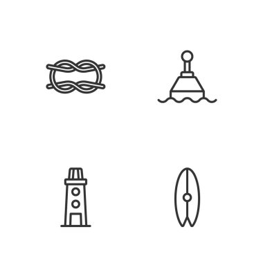 Sörf tahtası, Deniz feneri, halat düğümleri ve yüzen şamandıra simgesi. Vektör