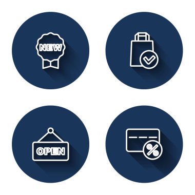 Fiyat etiketini yeni, kağıt alışveriş torbası ile belirle, uzun gölgeli, açık ve indirimli kart işareti as. Mavi daire düğmesi. Vektör