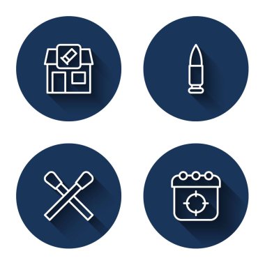 Çizgi Avcılık, Bullet, Yanan kibrit ateşle ve uzun gölgeli Target sporu. Mavi daire düğmesi. Vektör