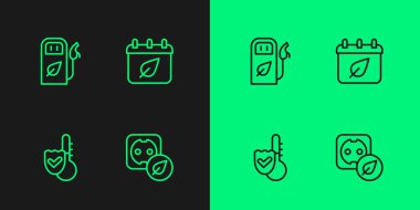 Elektrik prizi, termometre, benzin ya da benzin istasyonu ve takvimi sonbahar yaprakları simgesiyle ayarla. Vektör