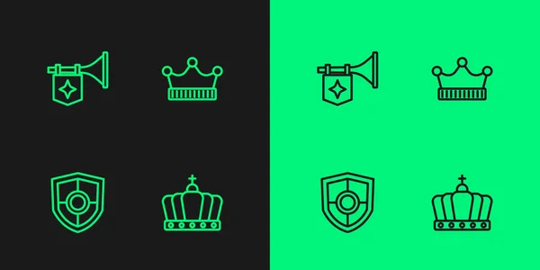 Set Line King Crown Shield Trumpet Flag Icon Vector — стоковый вектор