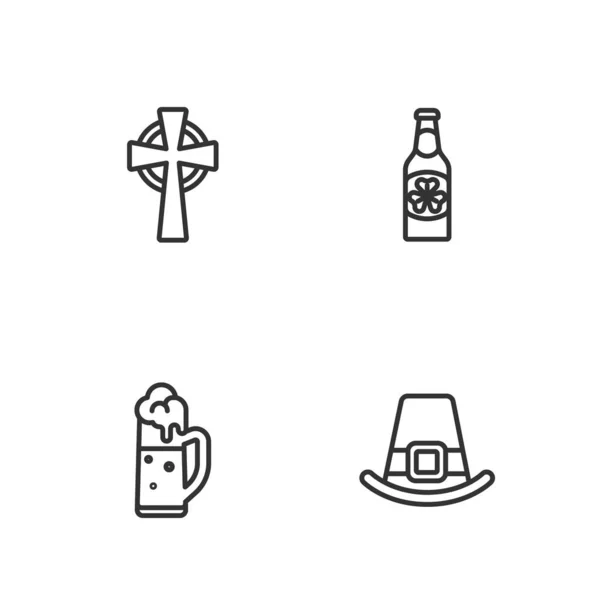 Set Line Leprechaun Hat Glass Beer Celtic Cross Beer Bottle — ストックベクタ