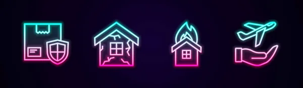 Set line Delivery security with shield, House, Fire in burning house and Plane hand. Glowing neon icon. Vector — 스톡 벡터