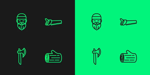 Set line Wooden log, axe, Lumberjack and Hand saw icon. Vector — 스톡 벡터