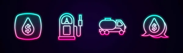 Set line Oil drop with dollar symbol, Petrol or gas station, Tanker truck and . Glowing neon icon. Vector — стоковый вектор