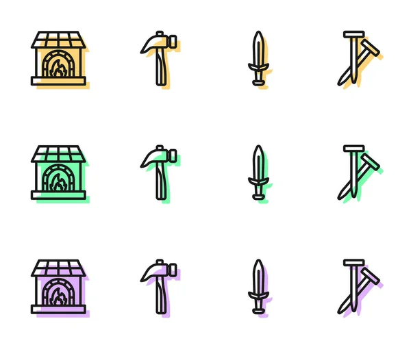 Set line Středověký meč, kovárna trouba, kladivo a kovové hřebíky ikony. Vektor — Stockový vektor