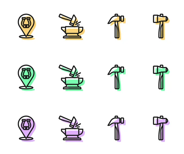 Set line Hammer, Horseshoe, Anvil and hammer and icon. Vector — ストックベクタ