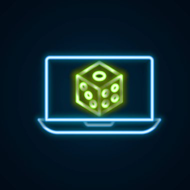 Parlayan neon çizgi oyun zar simgesi siyah arkaplanda izole edildi. Kumarhane kumarı. Renkli taslak konsepti. Vektör