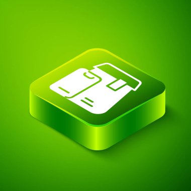 Isometric Online sipariş ve fast food dağıtım ikonu yeşil arka planda izole edildi. Yeşil kare düğmesi. Vektör