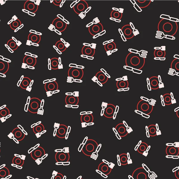 Çizgi plaka, çatal ve bıçak ikonu siyah arka planda izole edilmiş. Çatal bıçak sembolü. Restoran tabelası. Vektör