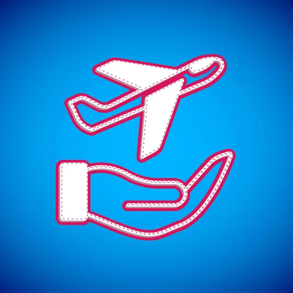 White Plane di ikon tangan terisolasi pada latar belakang biru. Pesawat terbang. Asuransi pesawat. Keamanan, keamanan, perlindungan, melindungi konsep. Vektor - Stok Vektor