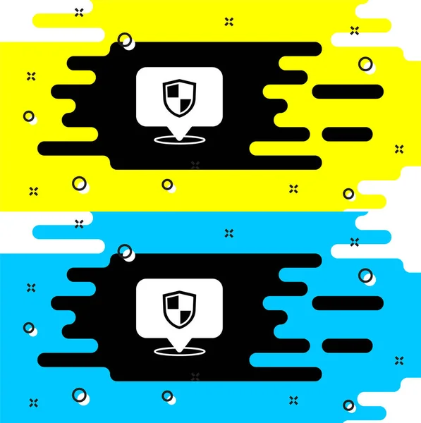 Icona dello scudo Posizione bianca isolata su sfondo nero. Concetto assicurativo. Segno di guardia. Sicurezza, protezione, protezione, privacy. Vettore — Vettoriale Stock
