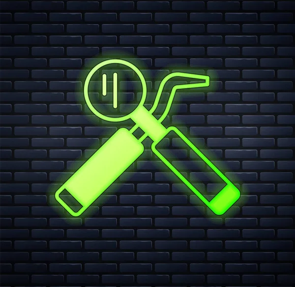 Glowing neon Dental inspection mirror and probe icon isolated on brick wall background. Explorer scaler. Tool dental checkup. Vector — Vector de stock