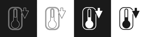 Defina o termômetro de meteorologia que mede o calor e o ícone frio isolado no fundo preto e branco. Equipamento termômetro mostrando clima quente ou frio. Vetor — Vetor de Stock