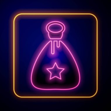 Parlayan neon renkli Noel Baba çantası hediye ikonu siyah arka planda izole edilmiş. Noel hediyeleri çuvalı. Mutlu Noeller ve mutlu yıllar. Vektör