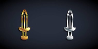 Altın ve gümüş Ortaçağ kılıç simgesi siyah arka planda izole edilmiş. Ortaçağ silahı. Uzun gölge tarzı. Vektör