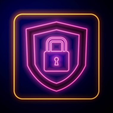 Siyah zemin üzerinde kilit simgesi olan parlayan neon kalkan güvenliği. Koruma, güvenlik, şifre güvenliği. Güvenlik duvarı gizlilik levhası. Vektör