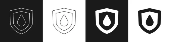 Set Oil drop on shield icon isolated on black and white background. Vector — Archivo Imágenes Vectoriales